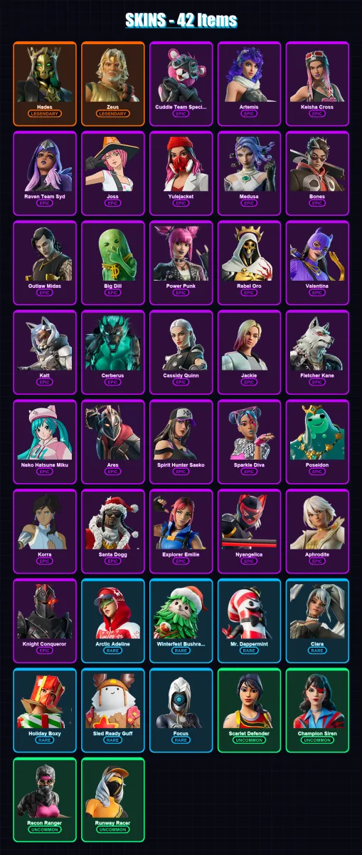 [PC/PSN] | Hades | Zeus | Cuddle Team Specialist | Artemis | Keisha Cross | 42 skin | 74 pickaxe | 53 emote | 54 glider | Lv1013