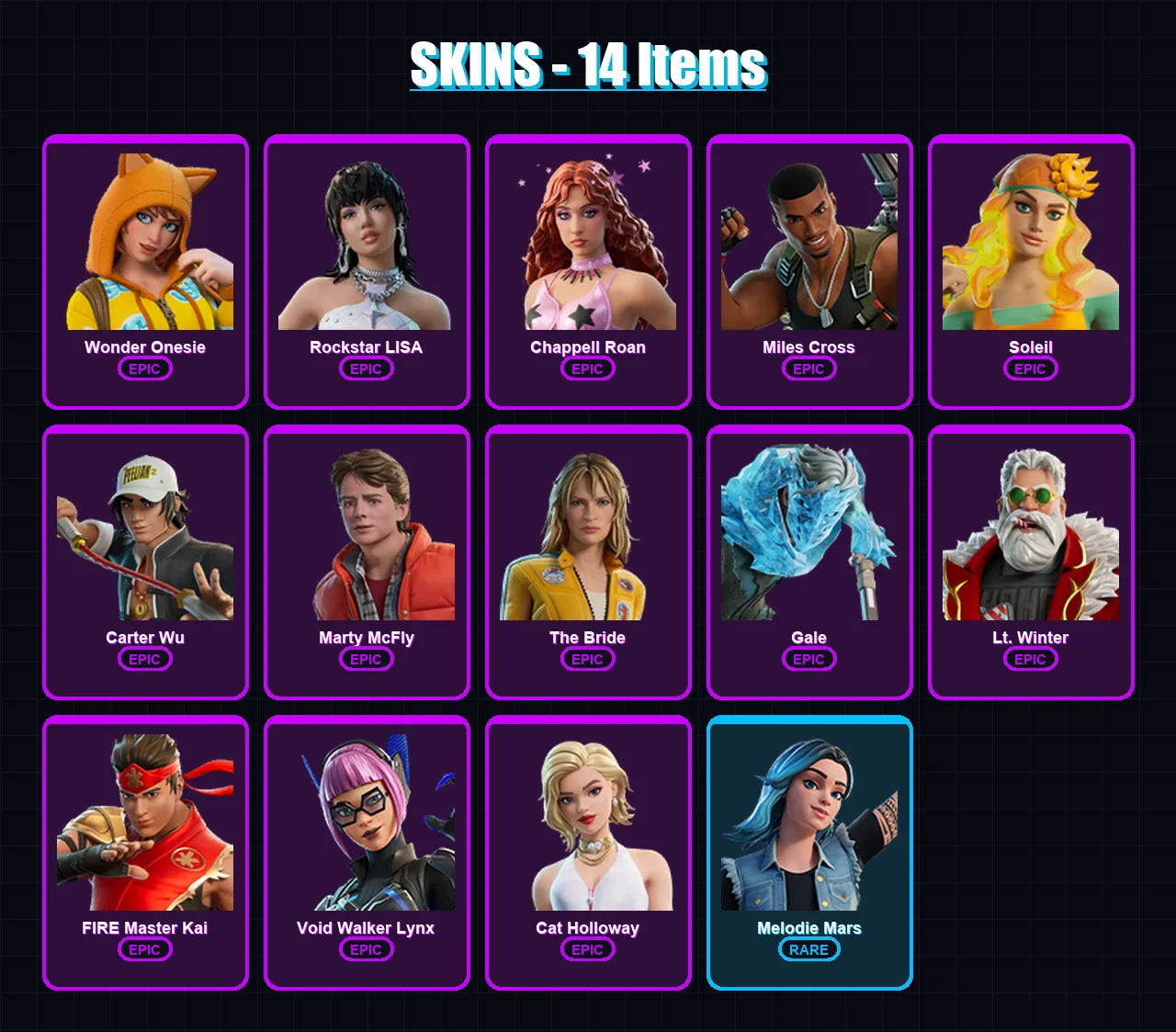 [PC/PSN] | Wonder Onesie | Rockstar LISA | Chappell Roan | Miles Cross | Soleil | 14 skin | 27 pickaxe | 15 emote | 12 glider | Lv84