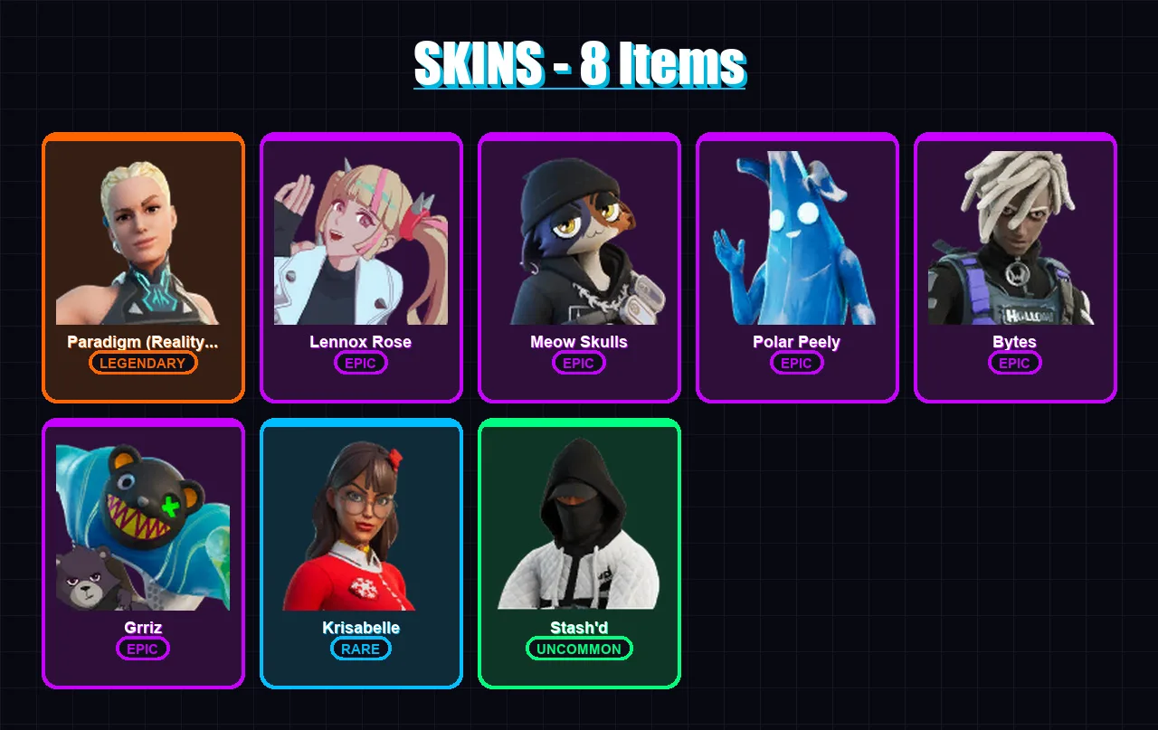 [PC/XBOX/PSN] | Paradigm (Reality-659) | Lennox Rose | Meow Skulls | Polar Peely | Bytes | 8 skin | 22 pickaxe | 16 emote | 25 glider | Lv335