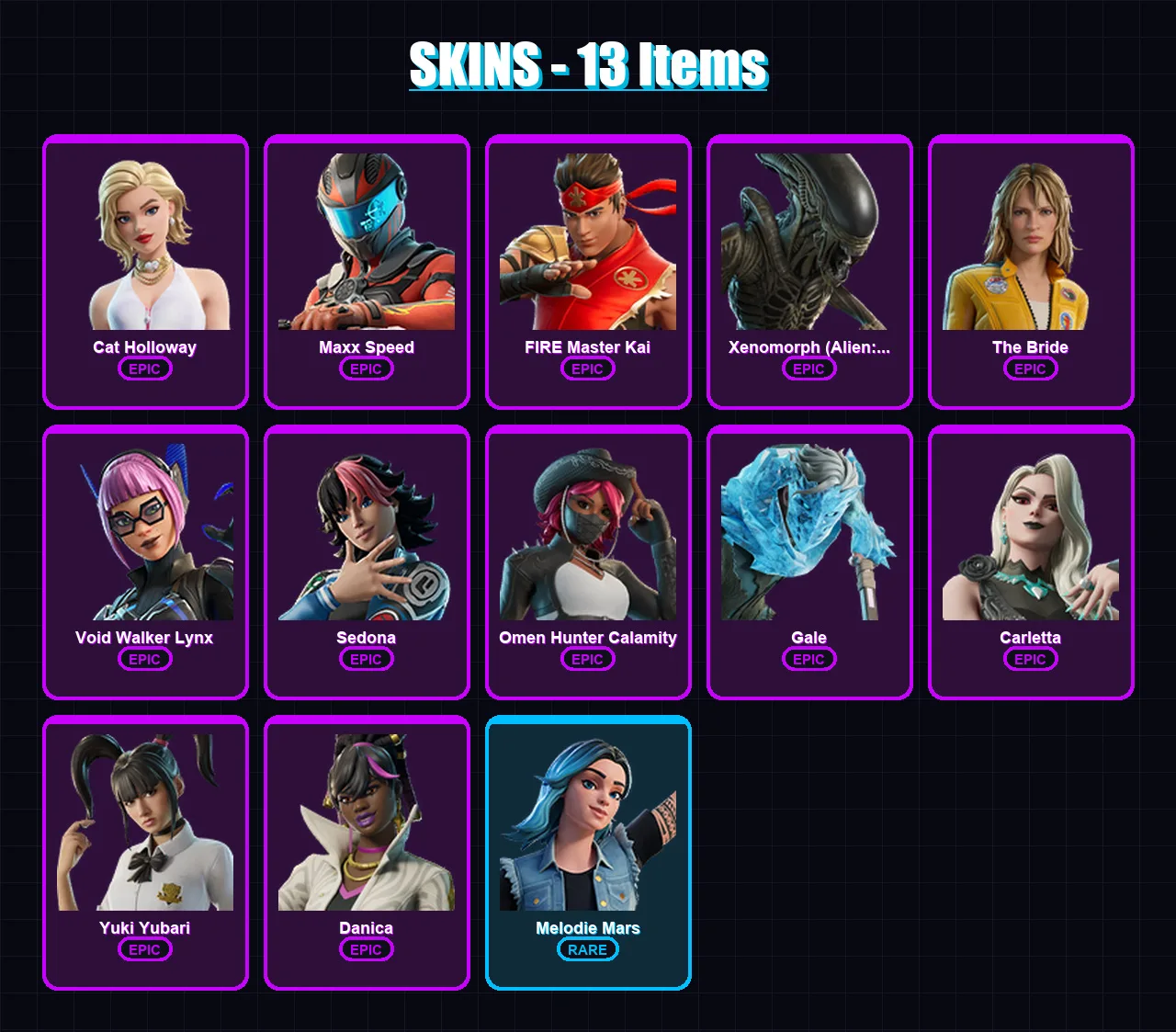 [PC/PSN] | Cat Holloway | Maxx Speed | FIRE Master Kai | Xenomorph (Alien: Earth) | The Bride | 13 skin | 19 pickaxe | 10 emote | 9 glider | Lv51 — Fortnite account