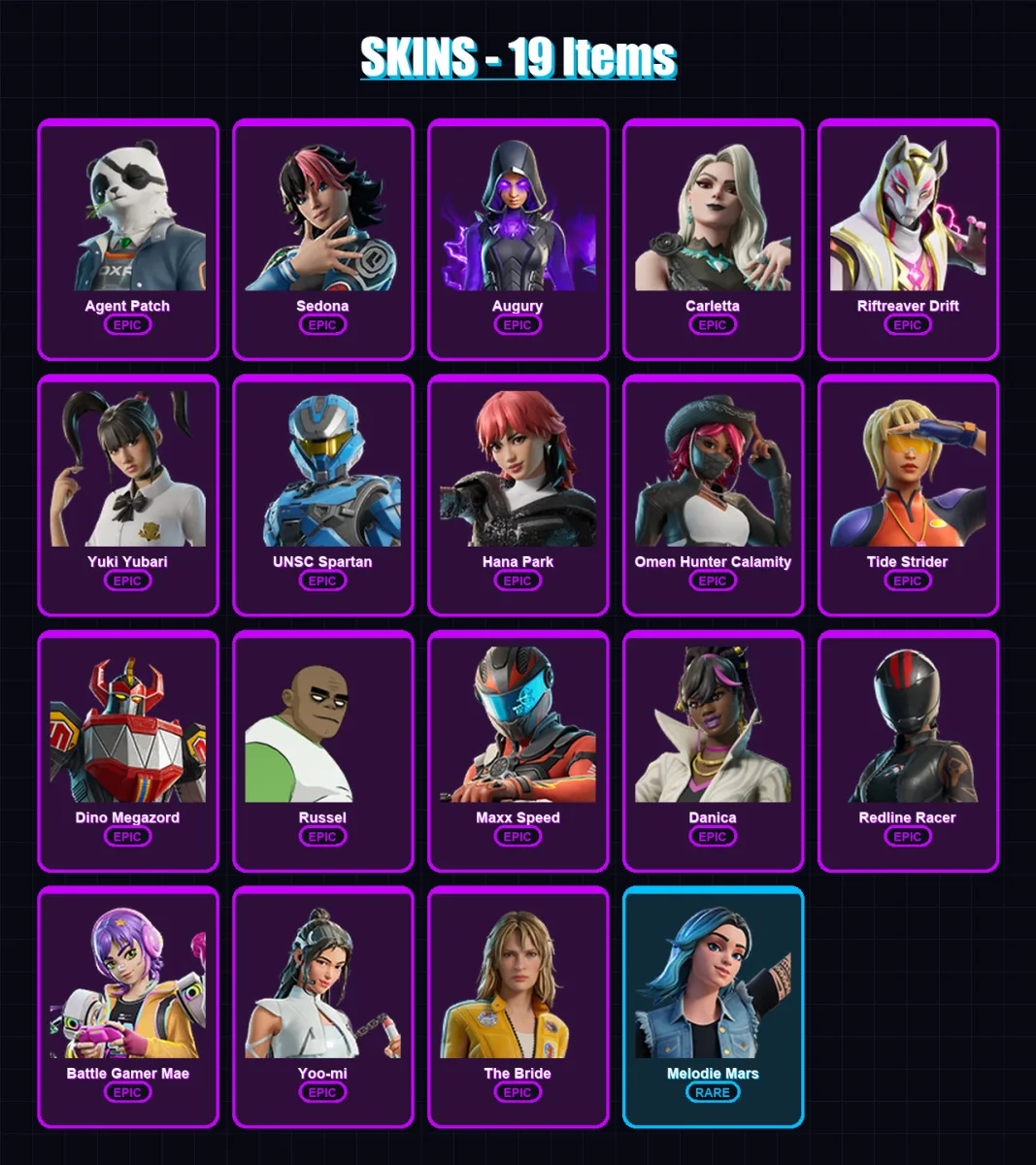 [PC/PSN] | Agent Patch | Sedona | Augury | Carletta | Riftreaver Drift | 19 skin | 22 pickaxe | 14 emote | 9 glider | Lv59