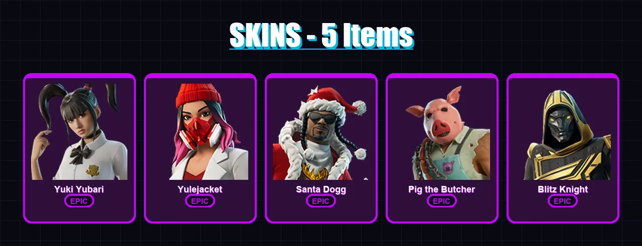 [PC/XBOX/PSN] | Yuki Yubari | Yulejacket | Santa Dogg | Pig the Butcher | Blitz Knight | 5 skin | 36 pickaxe | 13 emote | 25 glider | Lv249