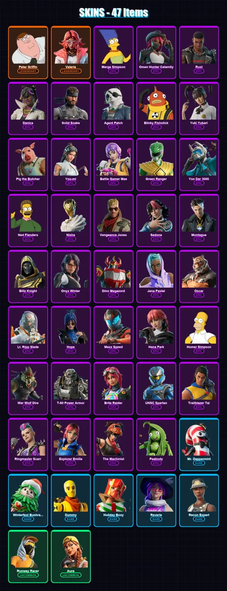 [PC/XBOX/PSN] | Peter Griffin | Valeria | Marge Simpson | Omen Hunter Calamity | Rust | 47 skin | 84 pickaxe | 51 emote | 63 glider | Lv1325 — Fortnite account