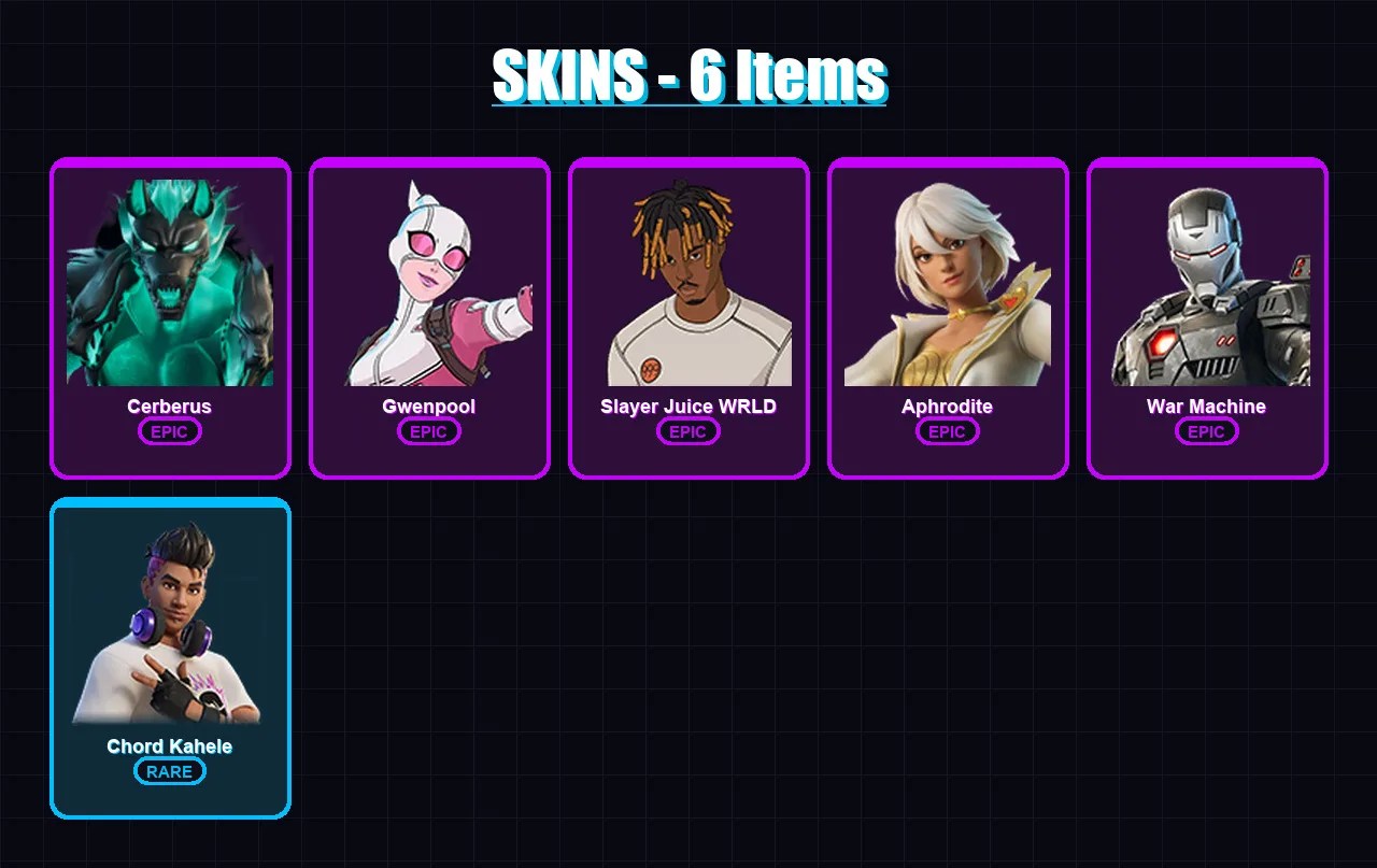 [PC/PSN] | Cerberus | Gwenpool | Slayer Juice WRLD | Aphrodite | War Machine | 6 skin | 9 pickaxe | 6 emote | 7 glider | Lv74