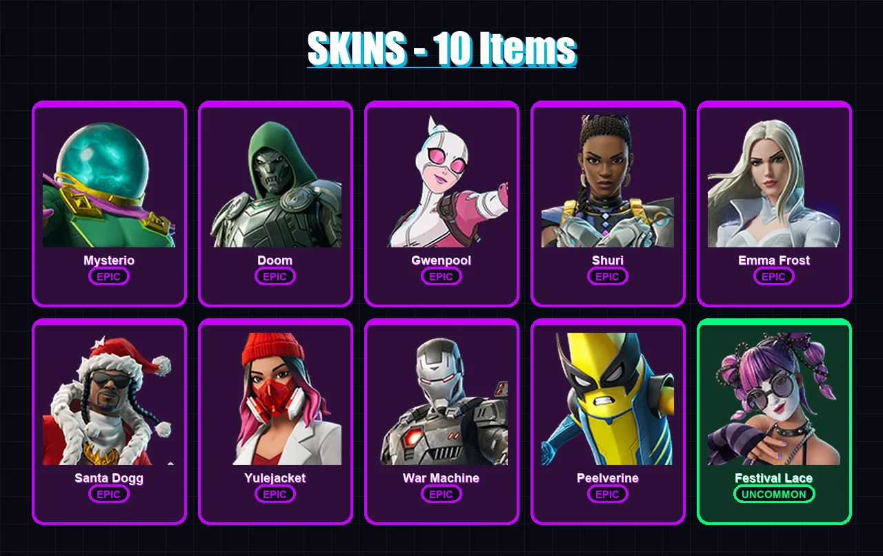 [PC/XBOX/PSN] | Mysterio | Doom | Gwenpool | Shuri | Emma Frost | 10 skin | 15 pickaxe | 12 emote | 10 glider | Lv107
