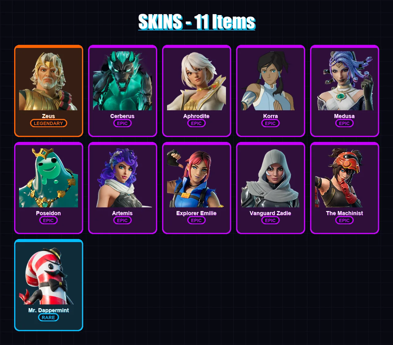 [PC/XBOX/PSN] | Zeus | Cerberus | Aphrodite | Korra | Medusa | 11 skin | 29 pickaxe | 14 emote | 23 glider | Lv218