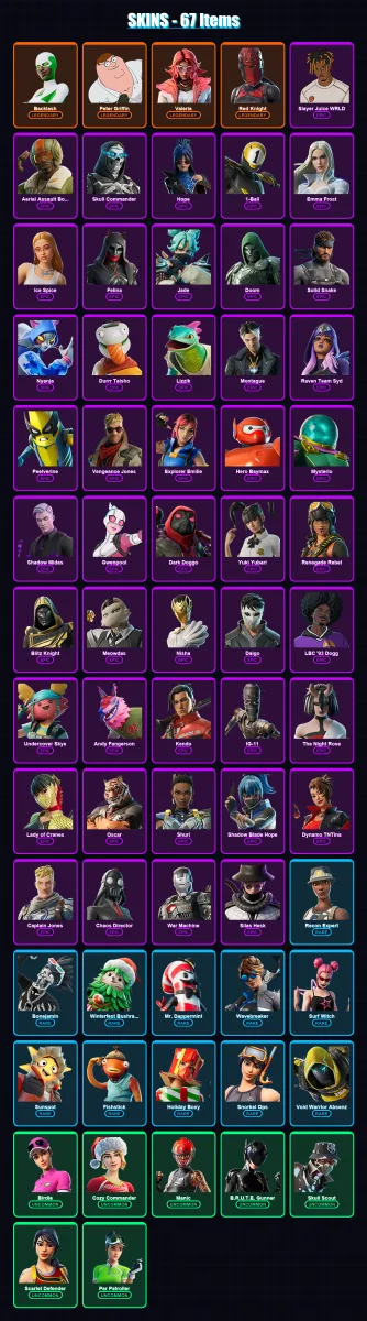 [PC] | Backlash | Peter Griffin | Valeria | Red Knight | Slayer Juice WRLD | 67 skin | 109 pickaxe | 68 emote | 71 glider | Lv974