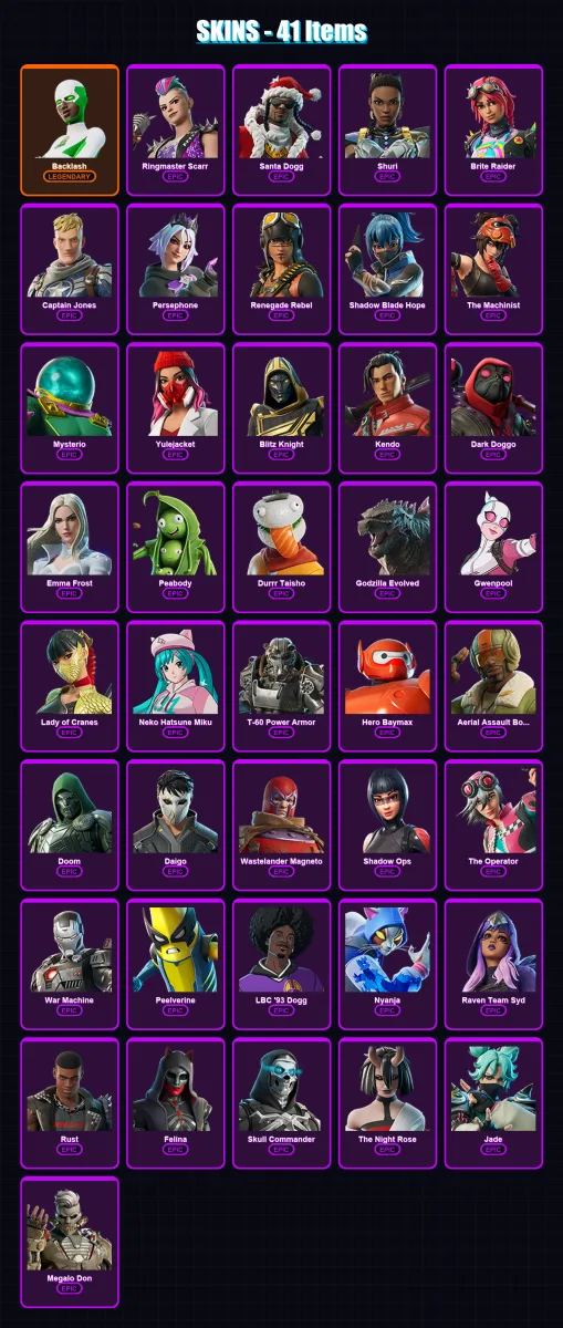 [PC/XBOX/PSN] | Backlash | Ringmaster Scarr | Santa Dogg | Shuri | Brite Raider | 41 skin | 67 pickaxe | 41 emote | 48 glider | Lv652