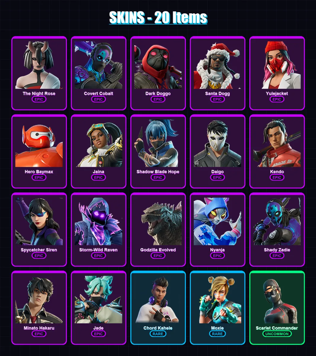 [PC/XBOX/PSN] | The Night Rose | Covert Cobalt | Dark Doggo | Santa Dogg | Yulejacket | 20 skin | 36 pickaxe | 22 emote | 20 glider | Lv232
