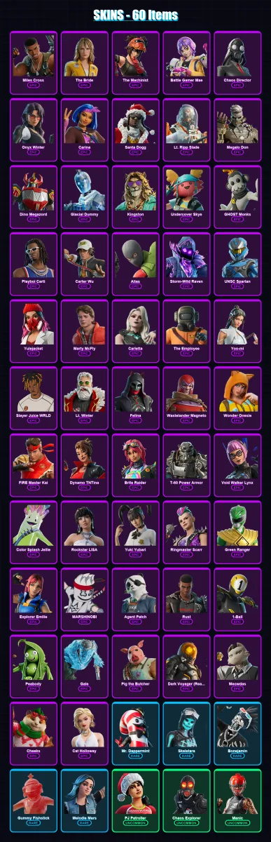 [PC/PSN] | Miles Cross | The Bride | The Machinist | Battle Gamer Mae | Chaos Director | 60 skin | 103 pickaxe | 83 emote | 64 glider | Lv931