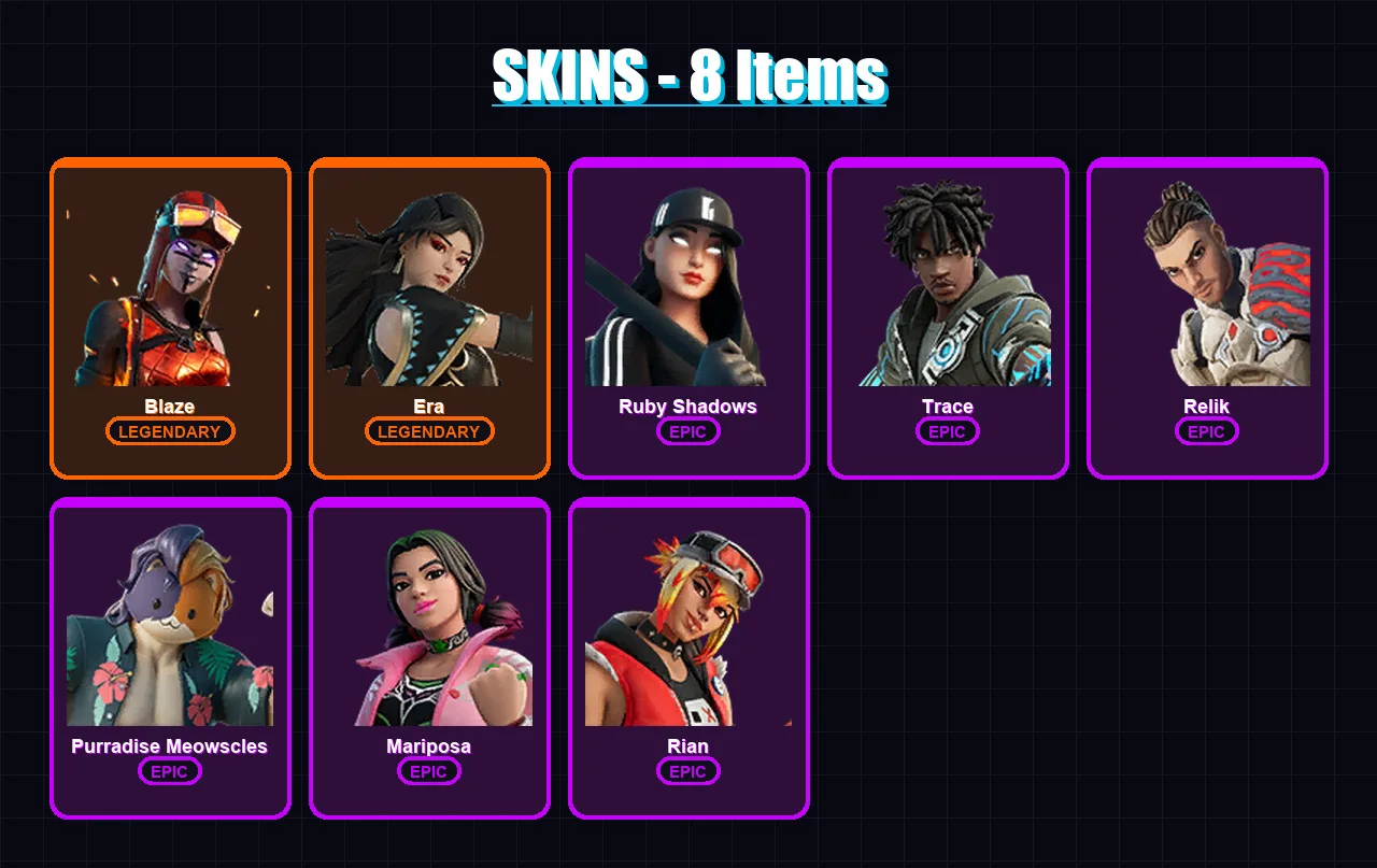 [PC/XBOX/PSN] | Blaze | Era | Ruby Shadows | Trace | Relik | 8 skin | 20 pickaxe | 18 emote | 30 glider | Lv336