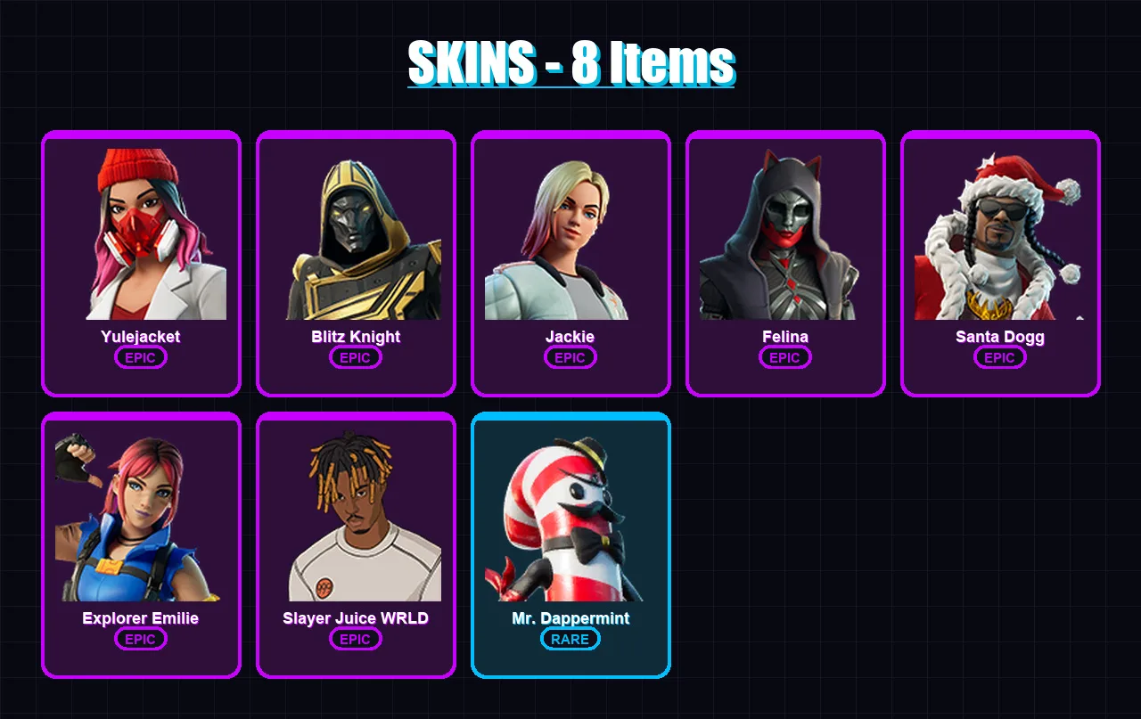 [PS4/PS5/XBOX/PC] | Yulejacket | Blitz Knight | Jackie | Felina | Santa Dogg | 8 skin | 53 pickaxe | 19 emote | 32 glider | Lv714