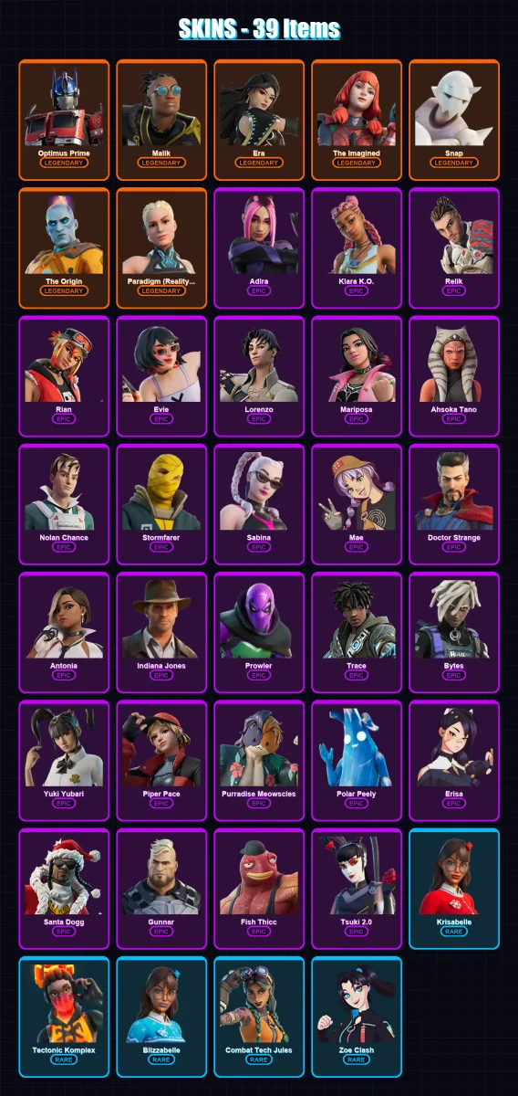 [PC/XBOX/PSN] | Optimus Prime | Malik | Era | The Imagined | Snap | 39 skin | 51 pickaxe | 34 emote | 38 glider | Lv616
