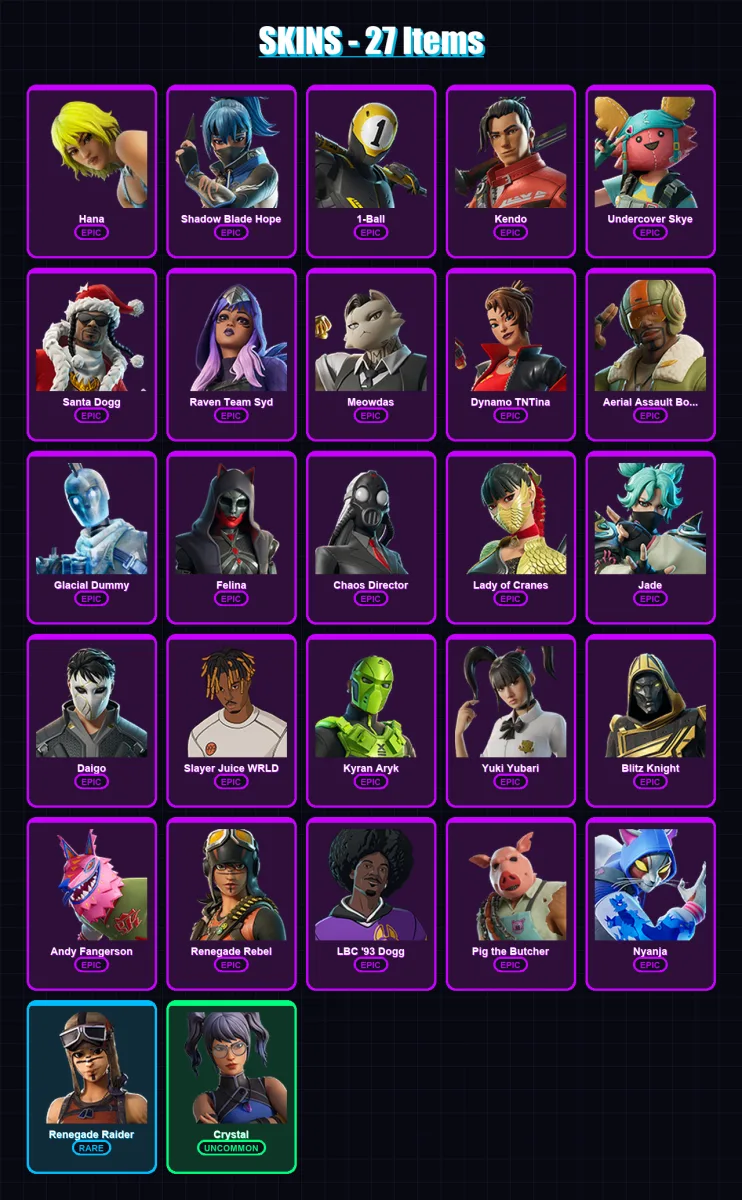 [PC/XBOX/PSN] | Hana | Shadow Blade Hope | 1-Ball | Kendo | Undercover Skye | 27 skin | 78 pickaxe | 28 emote | 39 glider | Lv662