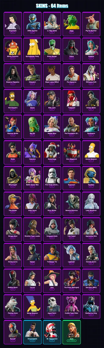 [PC/PSN] | Dupli-Kate | UNSC Spartan | Lt. Ripp Slade | Ziggy | Pig the Butcher | 64 skin | 109 pickaxe | 60 emote | 72 glider | Lv1188