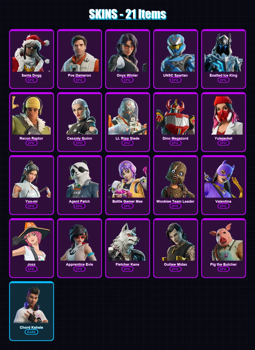 [SWITCH/XBOX/PSN/PC] | Santa Dogg | Poe Dameron | Onyx Winter | UNSC Spartan | Exalted Ice King | 21 skin | 55 pickaxe | 29 emote | 36 glider | Lv37