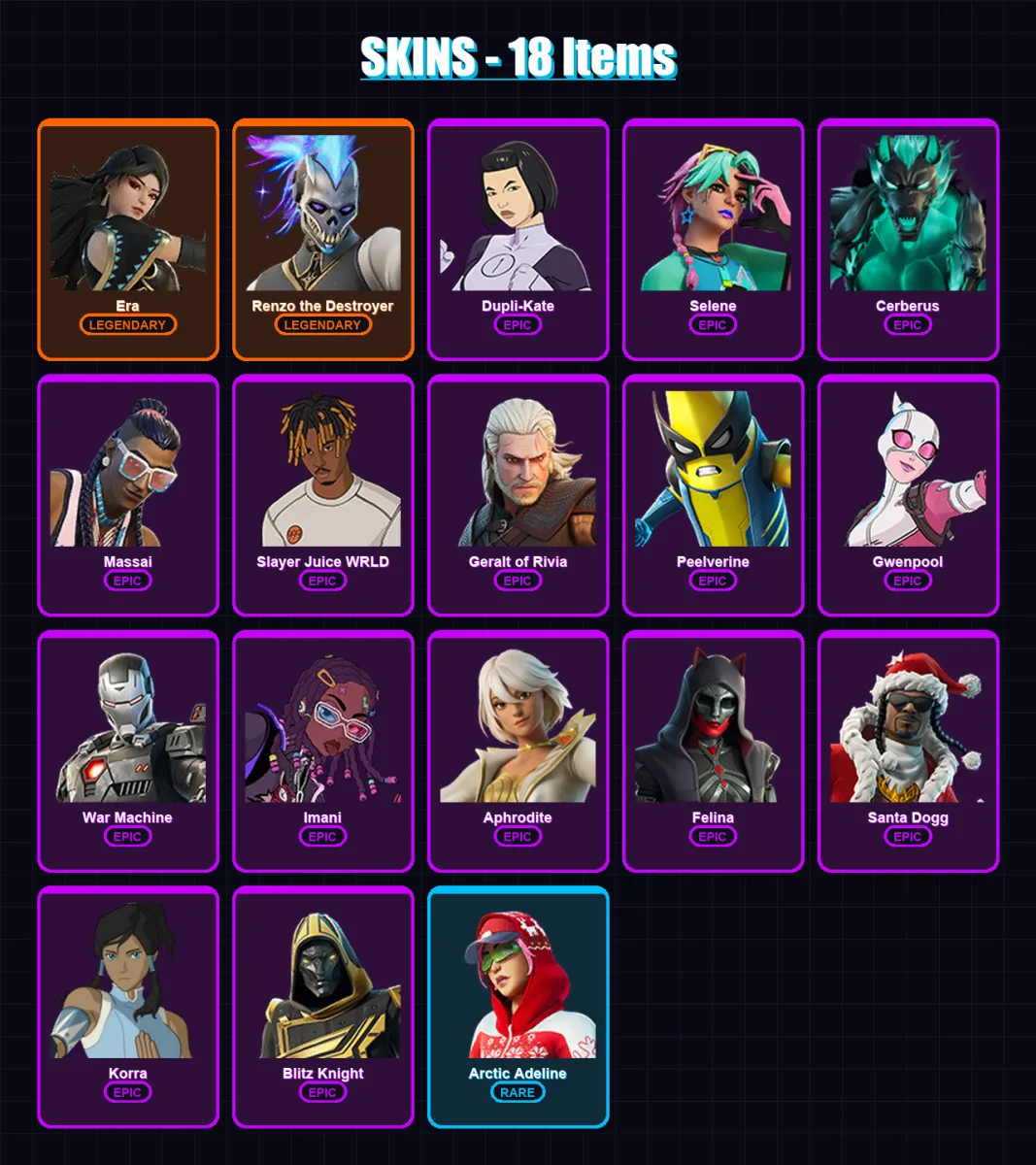 [SWITCH/XBOX/PSN/PC] | Era | Renzo the Destroyer | Dupli-Kate | Selene | Cerberus | 18 skin | 69 pickaxe | 34 emote | 45 glider | Lv552