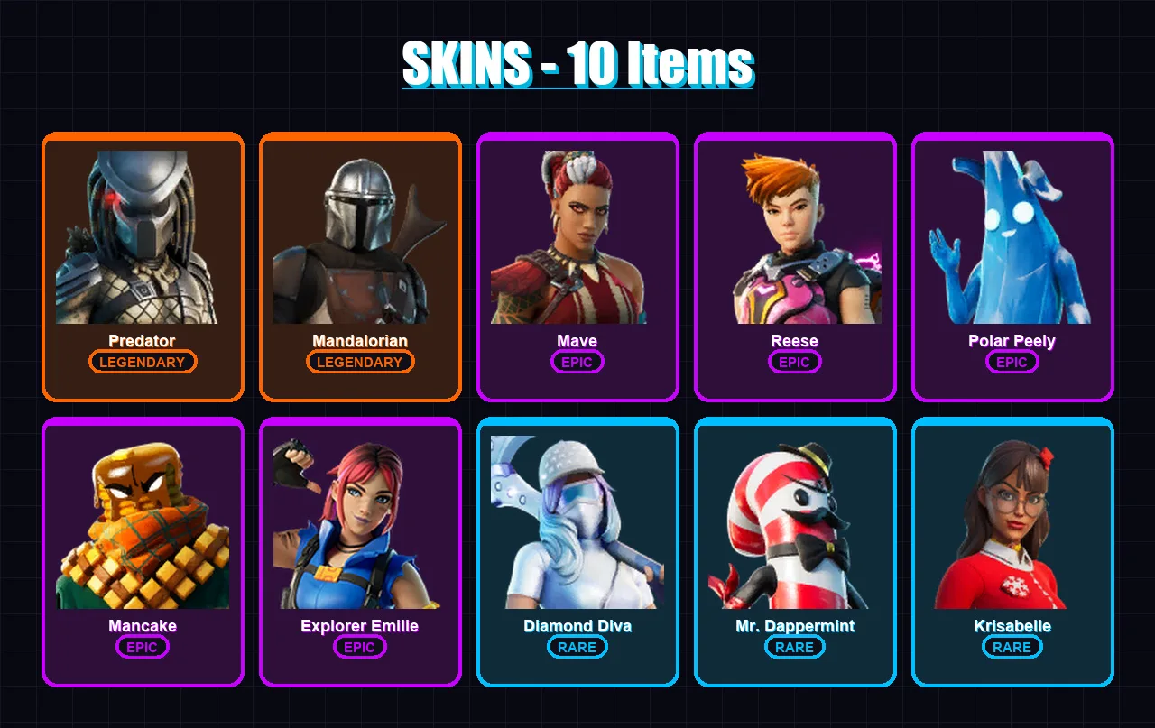 [PC/XBOX] | Predator | Mandalorian | Mave | Reese | Polar Peely | 10 skin | 14 pickaxe | 16 emote | 12 glider | Lv127