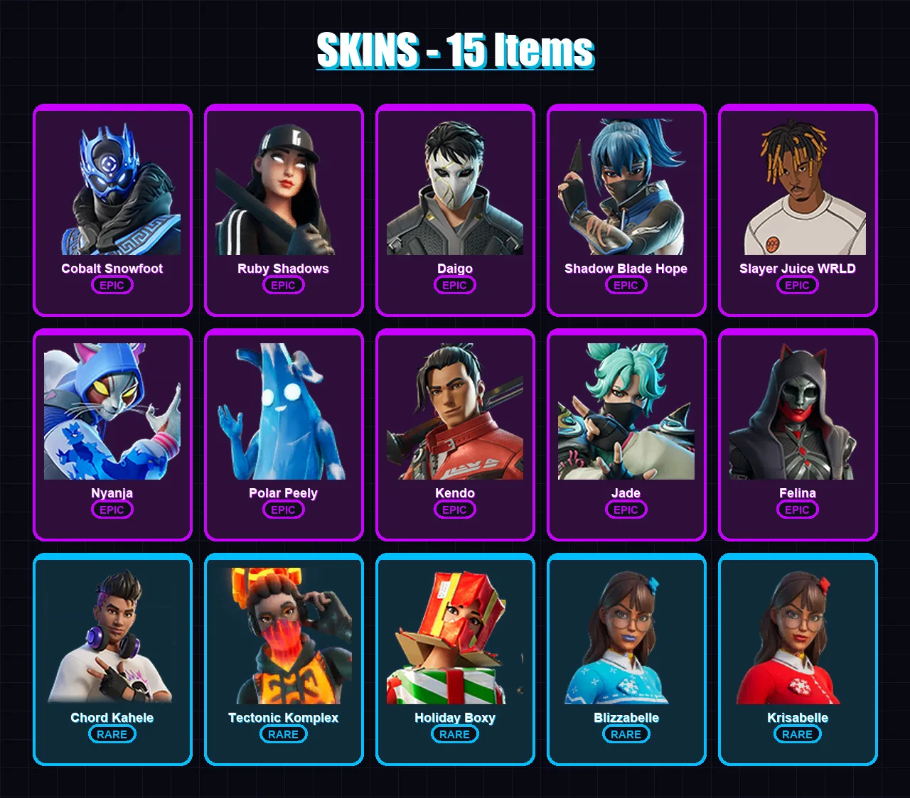[PC/XBOX] | Cobalt Snowfoot | Ruby Shadows | Daigo | Shadow Blade Hope | Slayer Juice WRLD | 15 skin | 23 pickaxe | 25 emote | 22 glider | Lv283 — Fortnite account