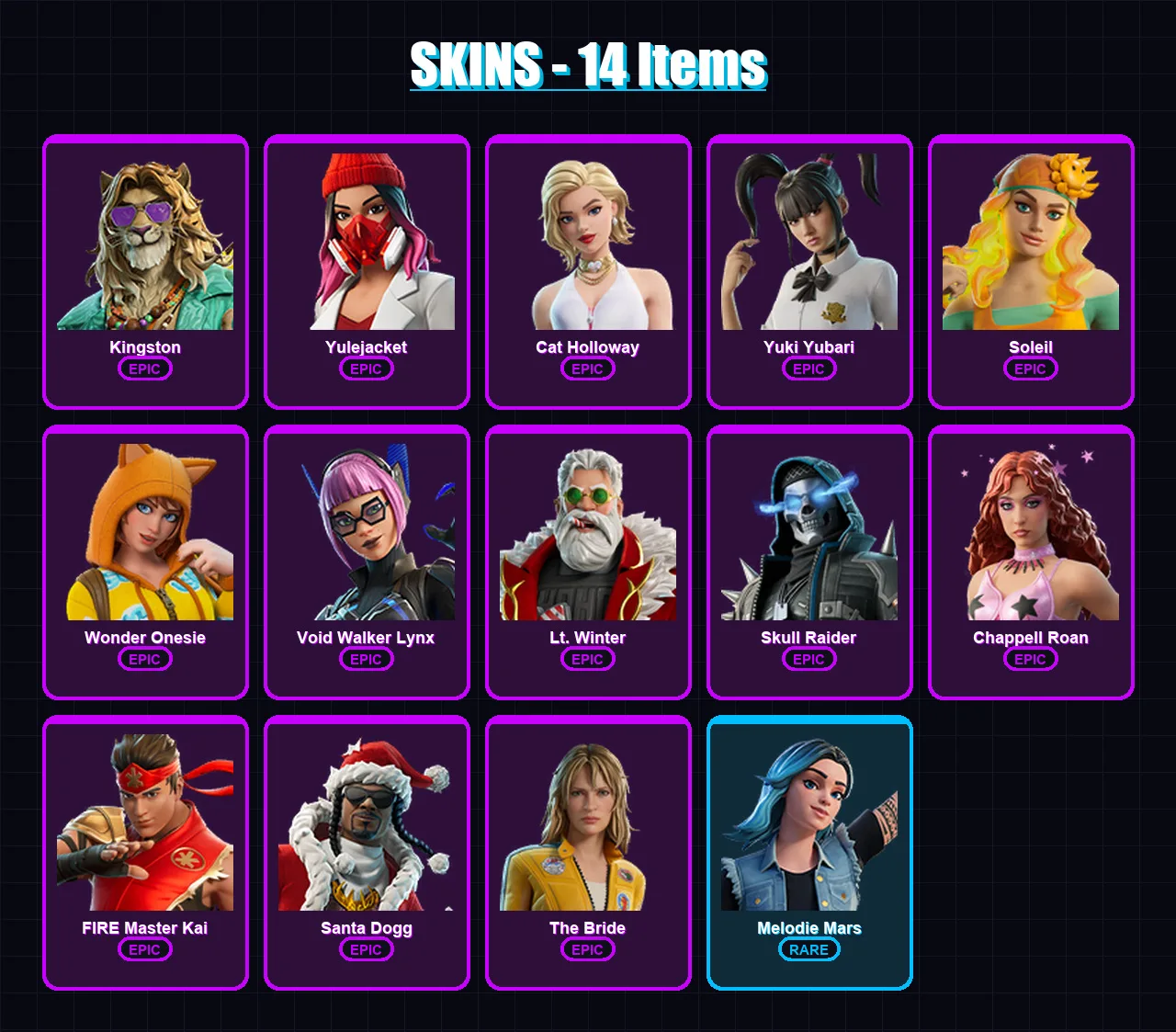 [PC/PSN] | Kingston | Yulejacket | Cat Holloway | Yuki Yubari | Soleil | 14 skin | 29 pickaxe | 14 emote | 14 glider | Lv121