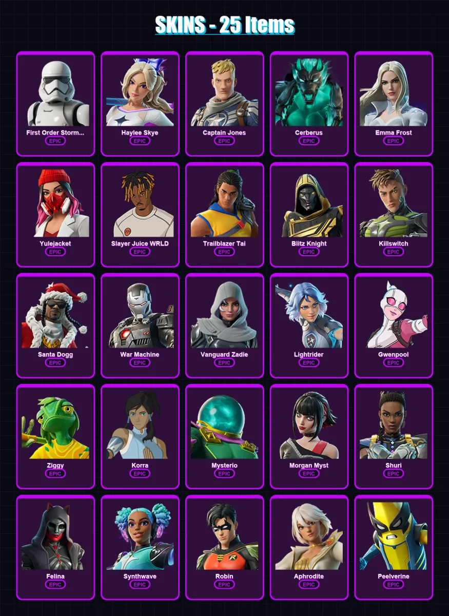 [PC/XBOX/PSN] | First Order Stormtrooper | Haylee Skye | Captain Jones | Cerberus | Emma Frost | 25 skin | 63 pickaxe | 37 emote | 40 glider | Lv155