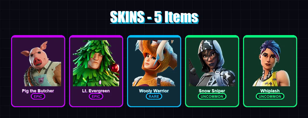 [PC/XBOX] | Pig the Butcher | Lt. Evergreen | Wooly Warrior | Snow Sniper | Whiplash | 5 skin | 45 pickaxe | 41 emote | 42 glider | Lv811