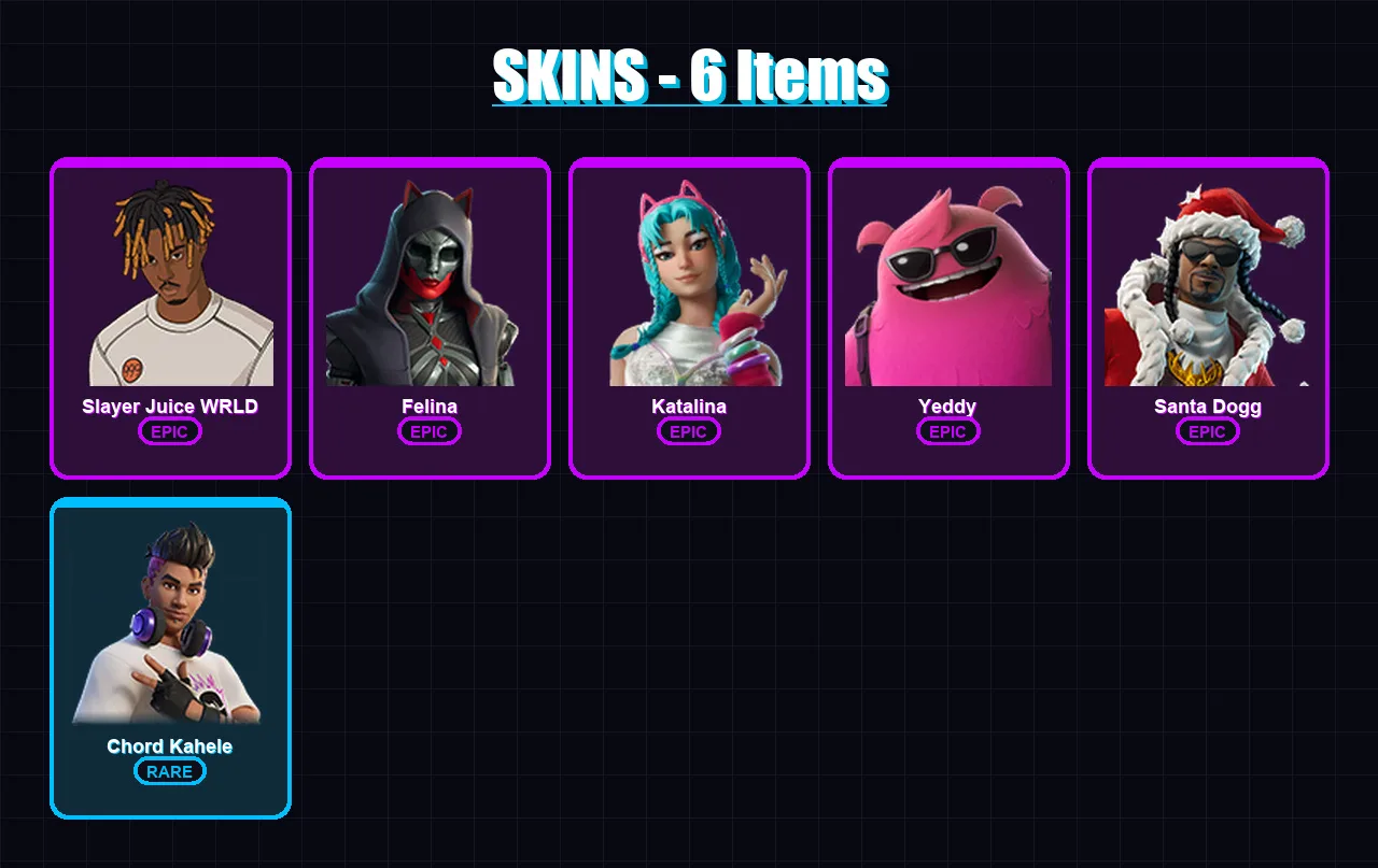[PC/XBOX/PSN] | Slayer Juice WRLD | Felina | Katalina | Yeddy | Santa Dogg | 6 skin | 22 pickaxe | 8 emote | 13 glider | Lv175