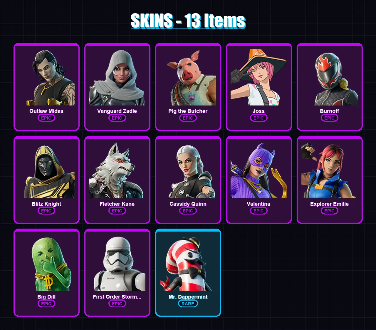 [PC/XBOX/PSN] | Outlaw Midas | Vanguard Zadie | Pig the Butcher | Joss | Burnoff | 13 skin | 40 pickaxe | 23 emote | 24 glider | Lv277
