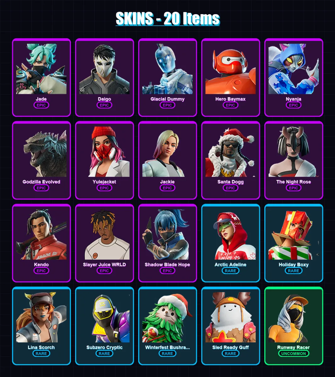 [PC/XBOX] | Jade | Daigo | Glacial Dummy | Hero Baymax | Nyanja | 20 skin | 51 pickaxe | 21 emote | 40 glider | Lv450