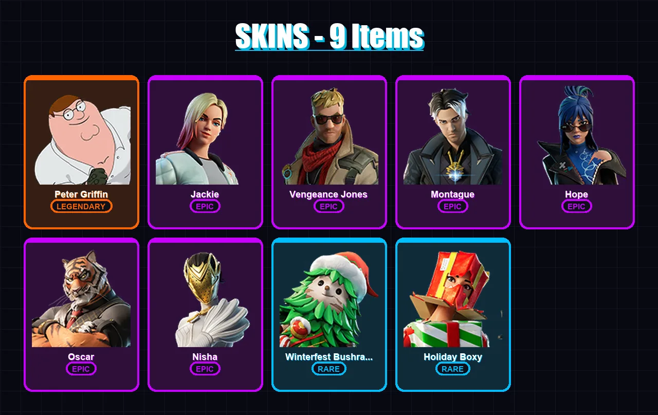 [PC/XBOX/PSN] | Peter Griffin | Jackie | Vengeance Jones | Montague | Hope | 9 skin | 10 pickaxe | 4 emote | 7 glider | Lv80