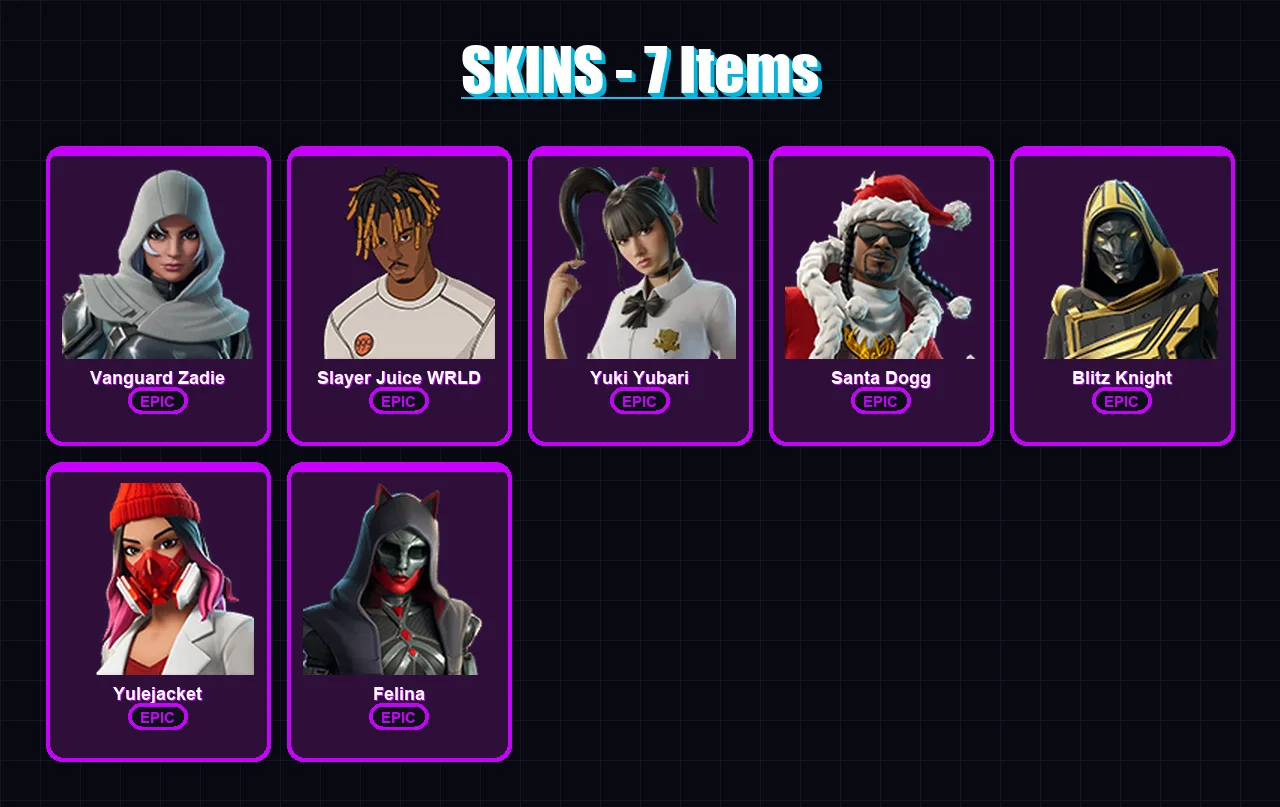 [PC/XBOX/PSN] | Vanguard Zadie | Slayer Juice WRLD | Yuki Yubari | Santa Dogg | Blitz Knight | 7 skin | 54 pickaxe | 28 emote | 34 glider | Lv835