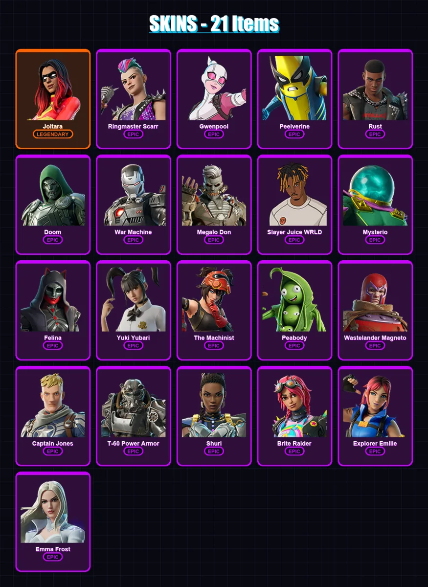 [PC/PSN] | Joltara | Ringmaster Scarr | Gwenpool | Peelverine | Rust | 21 skin | 30 pickaxe | 27 emote | 25 glider | Lv439 — Fortnite account