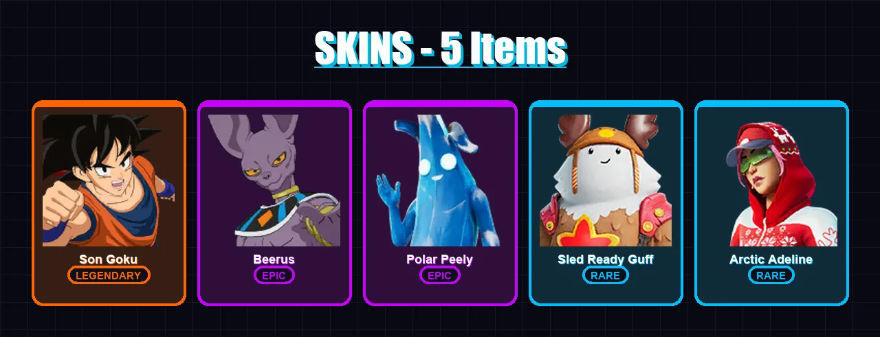 [PC/XBOX/PSN] | Son Goku | Beerus | Polar Peely | Sled Ready Guff | Arctic Adeline | 5 skin | 10 pickaxe | 5 emote | 10 glider | Lv61