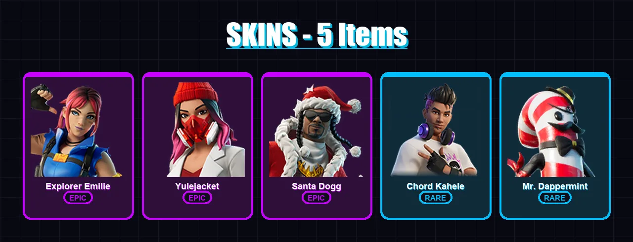 [PC/XBOX/PSN] | Explorer Emilie | Yulejacket | Santa Dogg | Chord Kahele | Mr. Dappermint | 5 skin | 5 pickaxe | 2 emote | 2 glider | Lv5