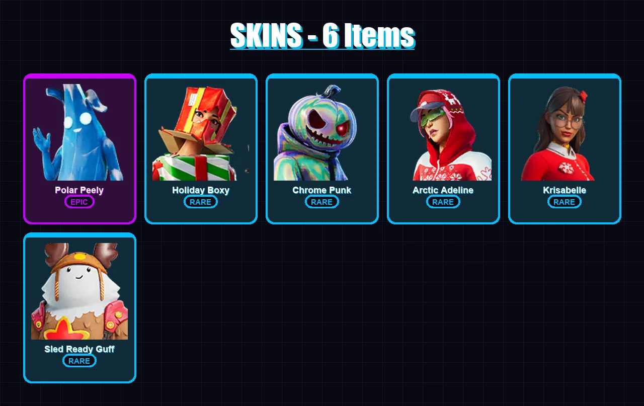 [PS4/PS5/XBOX/PC] | Polar Peely | Holiday Boxy | Chrome Punk | Arctic Adeline | Krisabelle | 6 skin | 20 pickaxe | 12 emote | 18 glider | Lv268