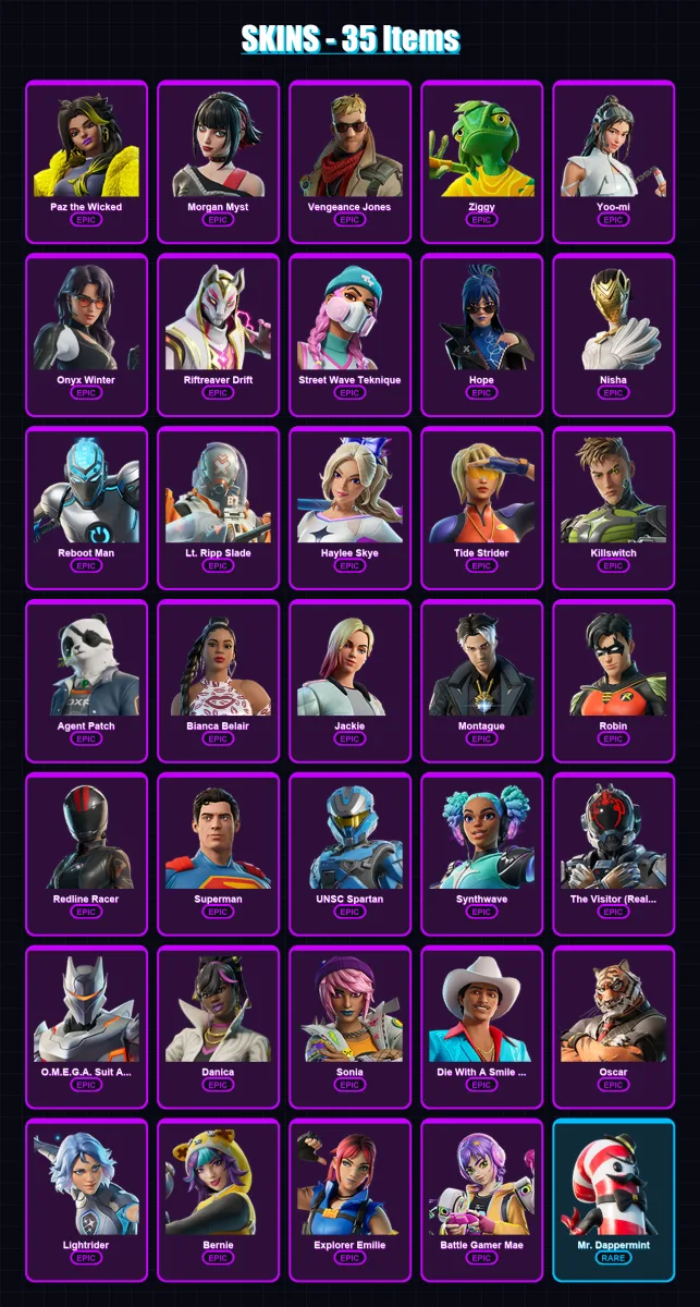 [PC/XBOX/PSN] | Paz the Wicked | Morgan Myst | Vengeance Jones | Ziggy | Yoo-mi | 35 skin | 45 pickaxe | 37 emote | 35 glider | Lv400