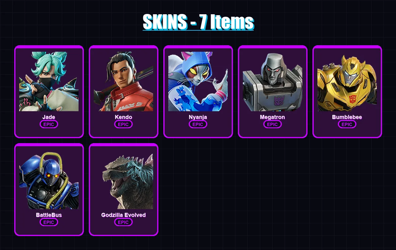 [PC/XBOX/PSN] | Jade | Kendo | Nyanja | Megatron | Bumblebee | 7 skin | 19 pickaxe | 11 emote | 14 glider | Lv110