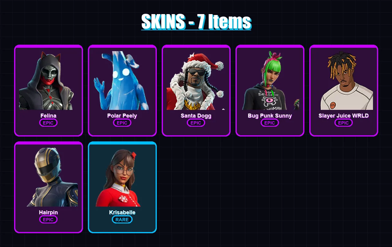 [SWITCH/XBOX/PSN/PC] | Felina | Polar Peely | Santa Dogg | Bug Punk Sunny | Slayer Juice WRLD | 7 skin | 42 pickaxe | 14 emote | 24 glider | Lv374