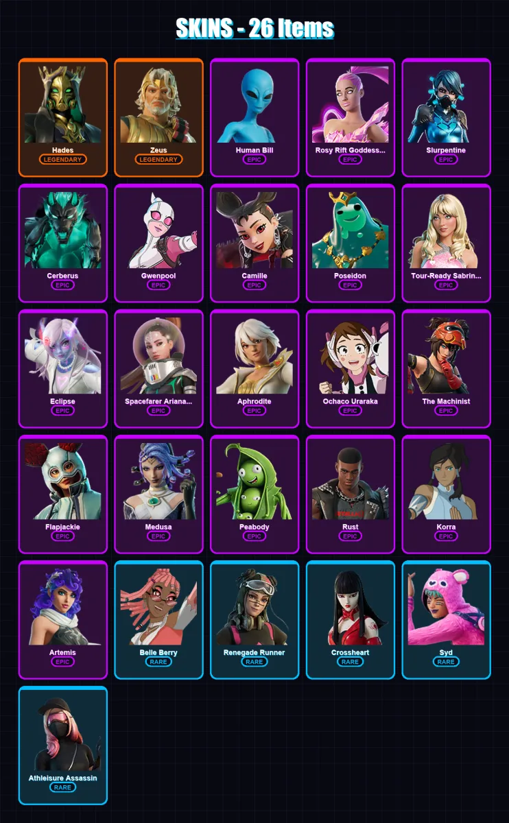 [PC/XBOX/PSN] | Hades | Zeus | Human Bill | Rosy Rift Goddess Ariana | Slurpentine | 26 skin | 29 pickaxe | 23 emote | 20 glider | Lv182