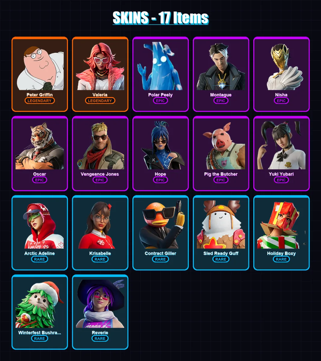 [SWITCH/XBOX/PC] | Peter Griffin | Valeria | Polar Peely | Montague | Nisha | 17 skin | 39 pickaxe | 37 emote | 40 glider | Lv624