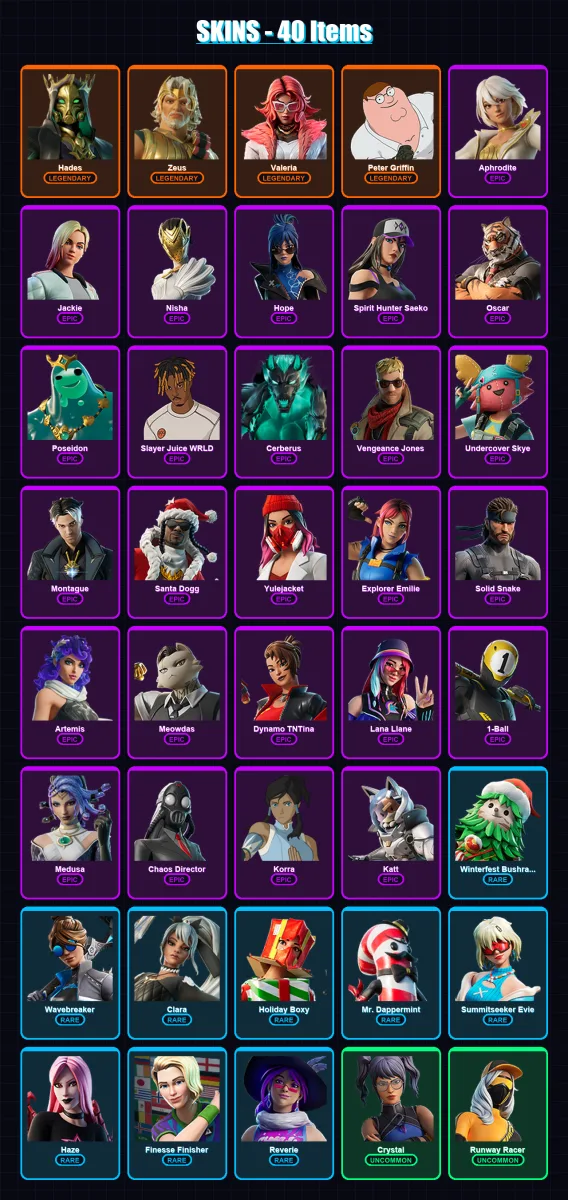 [PS4/PS5/XBOX/PC] | Hades | Zeus | Valeria | Peter Griffin | Aphrodite | 40 skin | 44 pickaxe | 30 emote | 29 glider | Lv418
