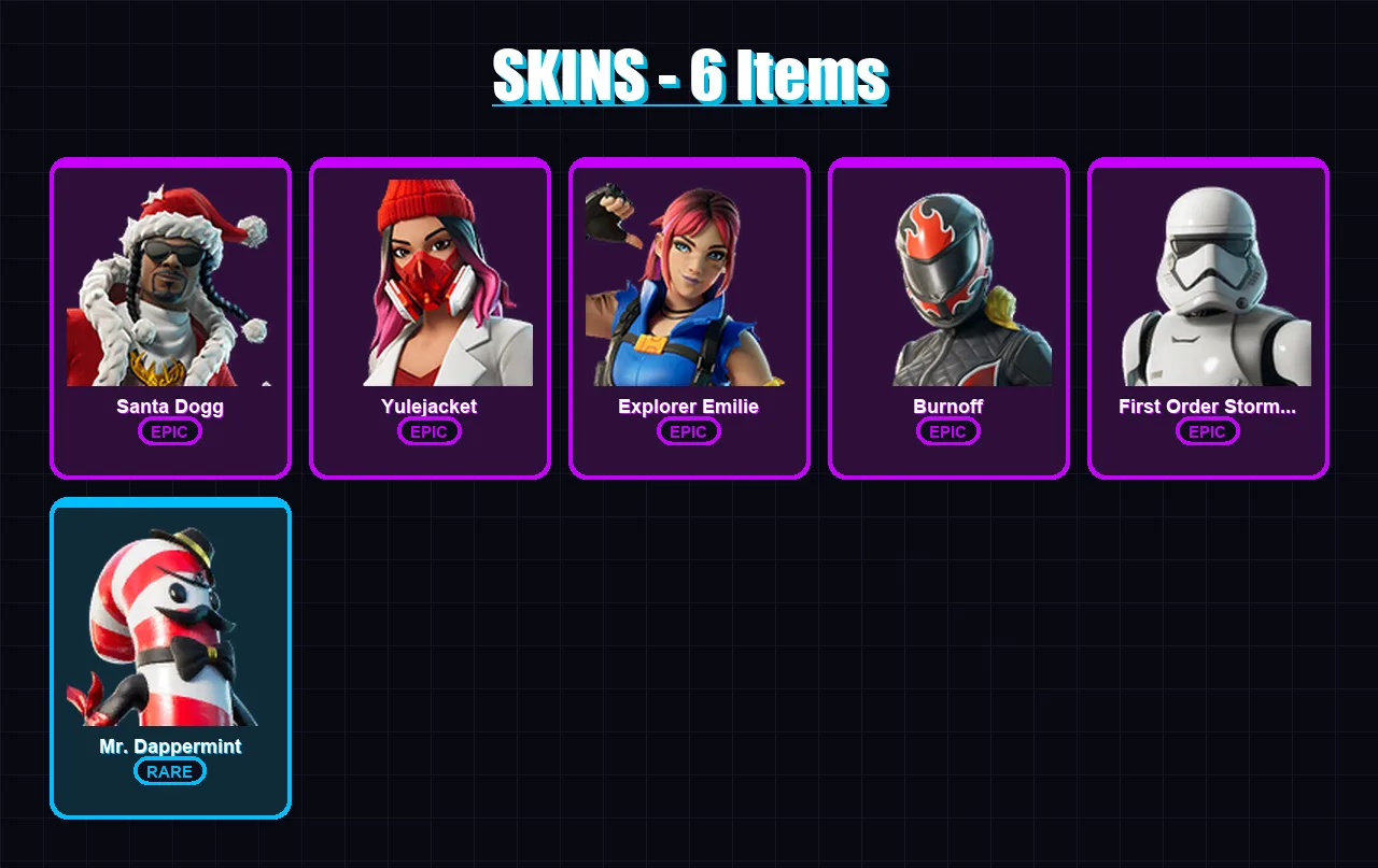 [PC/XBOX/PSN] | Santa Dogg | Yulejacket | Explorer Emilie | Burnoff | First Order Stormtrooper | 6 skin | 8 pickaxe | 3 emote | 4 glider | Lv11