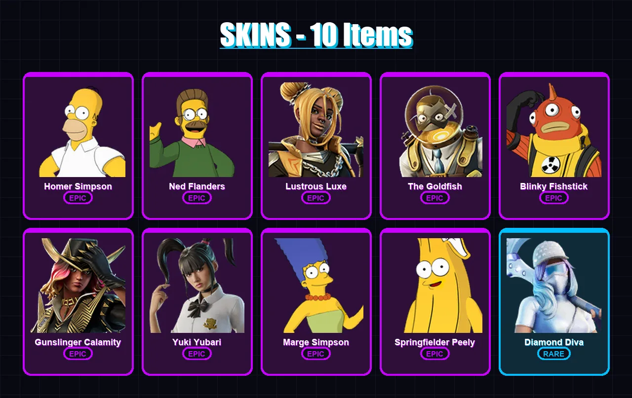[PC/XBOX] | Homer Simpson | Ned Flanders | Lustrous Luxe | The Goldfish | Blinky Fishstick | 10 skin | 26 pickaxe | 11 emote | 16 glider | Lv117