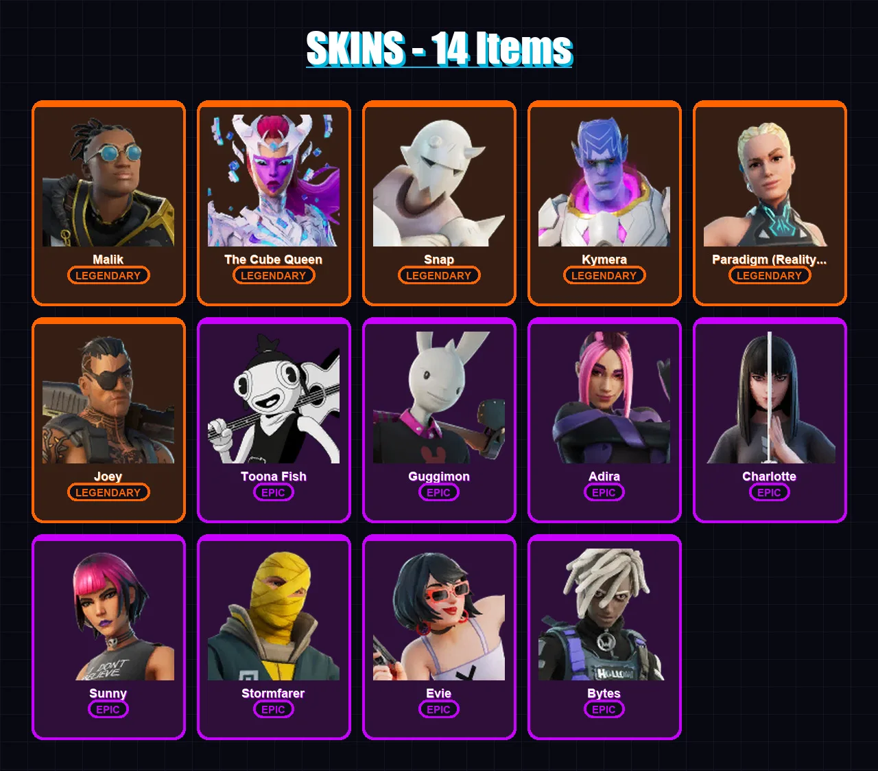 [PC/XBOX] | Malik | The Cube Queen | Snap | Kymera | Paradigm (Reality-659) | 14 skin | 44 pickaxe | 32 emote | 26 glider | Lv642