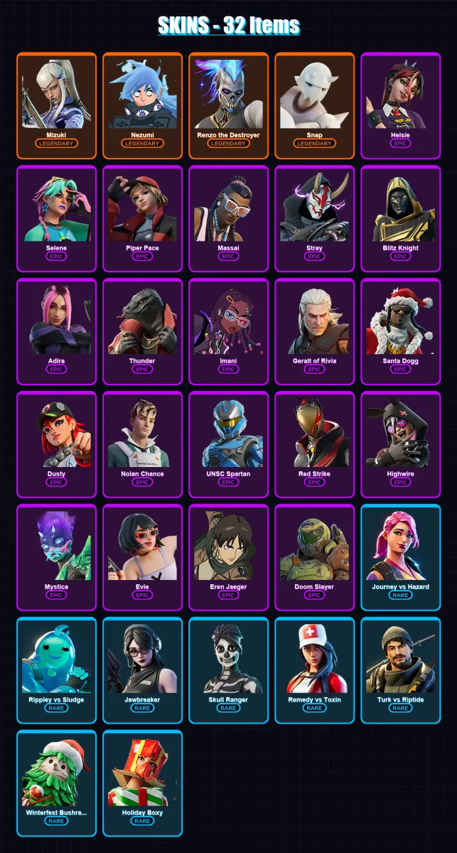 [PS4/PS5/XBOX/PC] | Mizuki | Nezumi | Renzo the Destroyer | Snap | Helsie | 32 skin | 50 pickaxe | 32 emote | 49 glider | Lv499