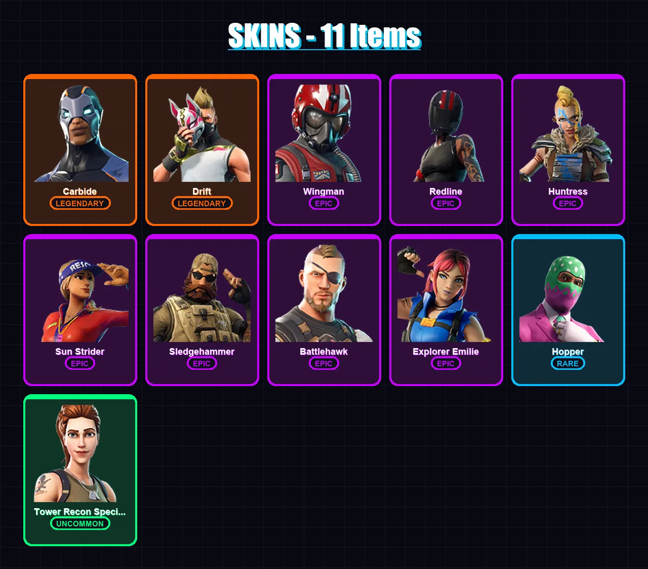 [PS4/PS5/XBOX/PC] | Carbide | Drift | Wingman | Redline | Huntress | 11 skin | 12 pickaxe | 14 emote | 14 glider | Lv162 — Fortnite account