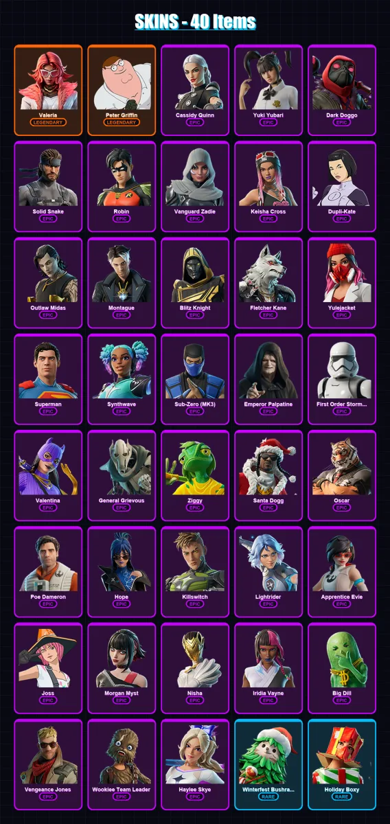 [PC/PSN] | Valeria | Peter Griffin | Cassidy Quinn | Yuki Yubari | Dark Doggo | 40 skin | 71 pickaxe | 50 emote | 57 glider | Lv1063 — Fortnite account