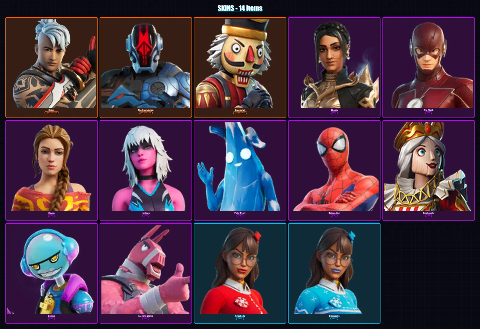 [PC/XBOX/PSN] | Ronin | The Foundation | Crackshot | Shanta | The Flash | 14 skin | 16 pickaxe | 12 emote | 10 glider | Lv140