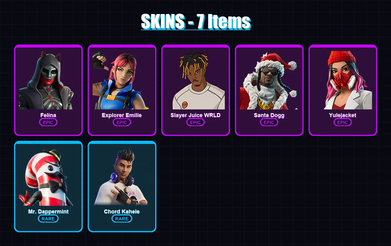 [PC/XBOX/PSN] | Felina | Explorer Emilie | Slayer Juice WRLD | Santa Dogg | Yulejacket | 7 skin | 19 pickaxe | 12 emote | 14 glider | Lv214