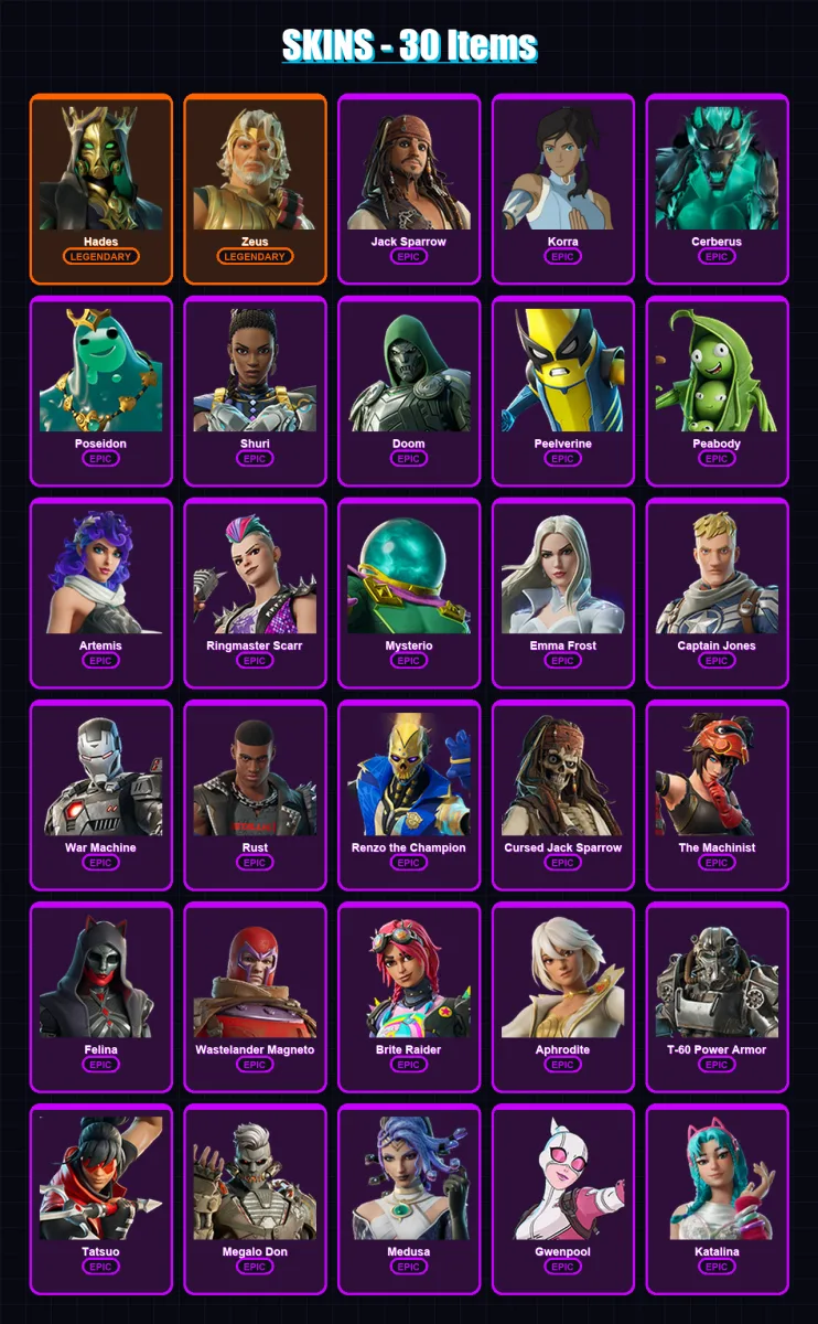 [PC/PSN] | Hades | Zeus | Jack Sparrow | Korra | Cerberus | 30 skin | 43 pickaxe | 32 emote | 33 glider | Lv749